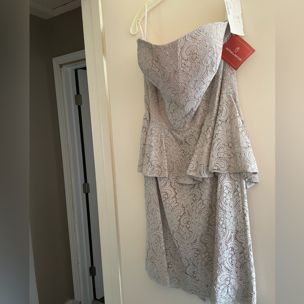 Watters & Watters Taupe Beige Peplum Lace Formal Strapless Dress Size 12 NWT